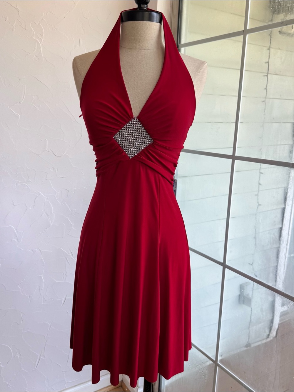 Y2K Forever Red Halter Dress Rhinestone Cutout Party Dress